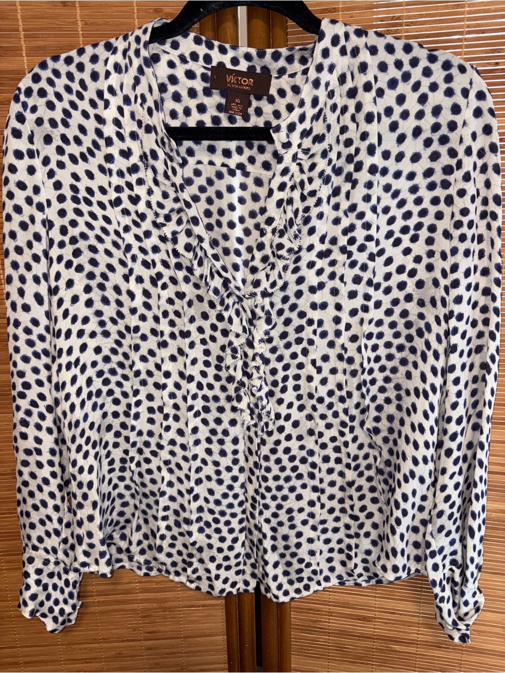 Victor Alfaro White Blouse with Navy Dot Ruffle V-Neck